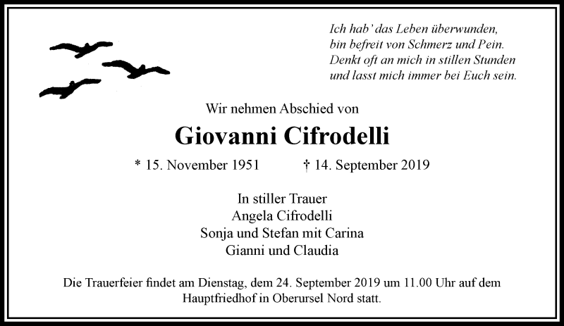  Traueranzeige für Giovanni Cifrodelli vom 21.09.2019 aus RMZ