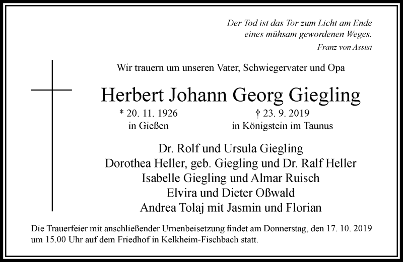  Traueranzeige für Herbert Johann Georg  Giegling vom 04.10.2019 aus RMZ