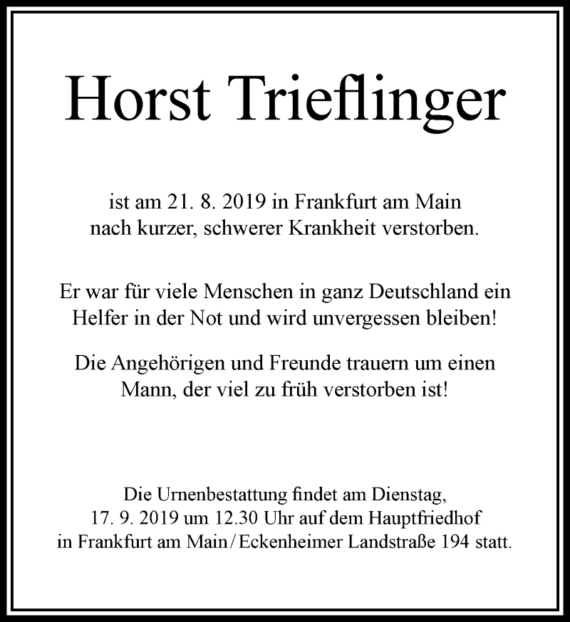  Traueranzeige für Horst Trieflinger vom 07.09.2019 aus RMZ