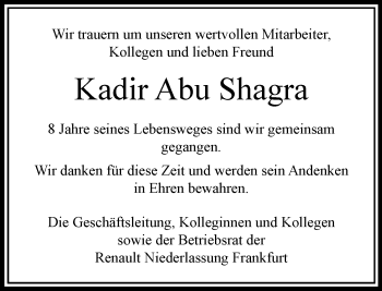 Traueranzeige von Kadir Abu Shagra von RMZ