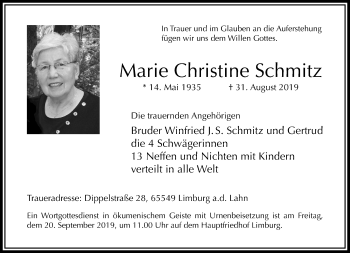 Traueranzeige von Marie Christine Schmitz von RMZ