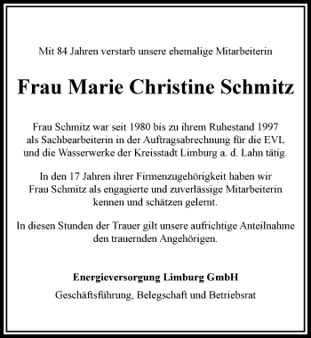 Traueranzeige von Marie Christine Schmitz von RMZ
