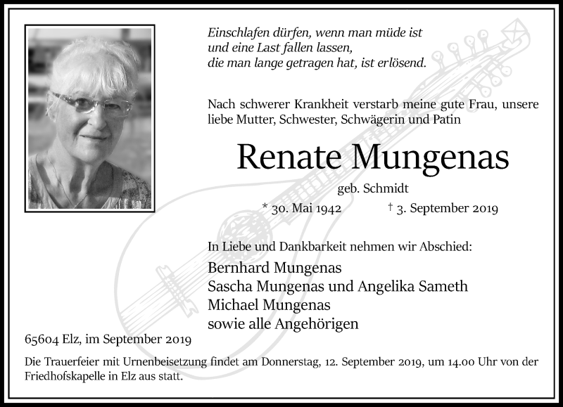  Traueranzeige für Renate Mungenas vom 07.09.2019 aus RMZ