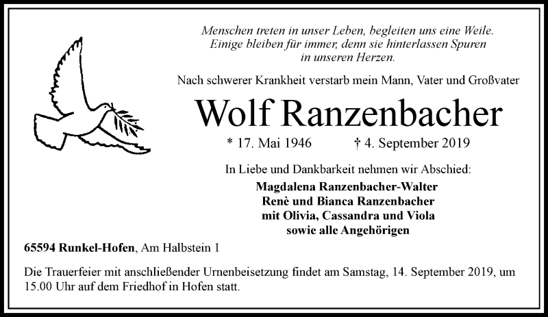  Traueranzeige für Wolf Ranzenbacher vom 09.09.2019 aus RMZ