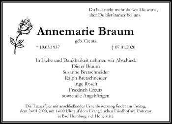 Traueranzeige von Annemarie Braum von RMZ
