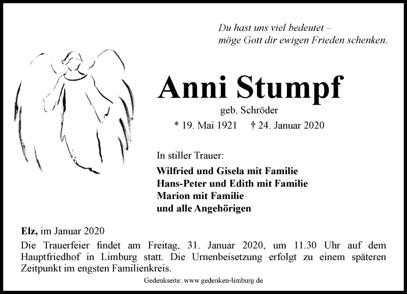  Traueranzeige für Anni Stumpf vom 27.01.2020 aus RMZ