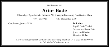 Traueranzeige von Artur Bade von RMZ