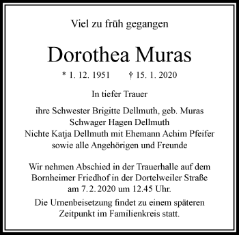 Traueranzeige von Dorothea Muras von RMZ