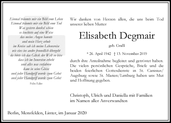Traueranzeige von Elisabeth Degmair von RMZ