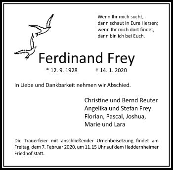 Traueranzeige von Ferdinand Frey von RMZ