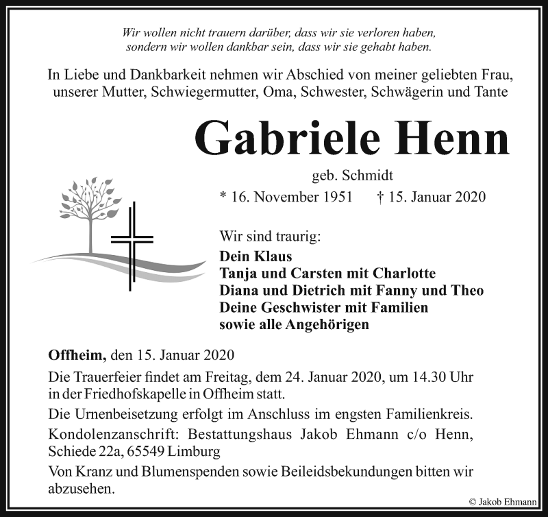 Traueranzeigen von Gabriele Henn | trauer-rheinmain.de