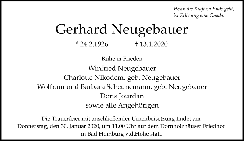  Traueranzeige für Gerhard Neugebauer vom 18.01.2020 aus RMZ