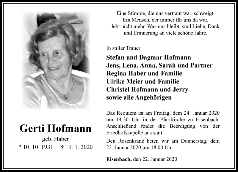 Traueranzeigen von Gerti Hofmann | trauer-rheinmain.de