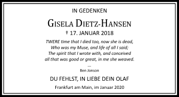 Traueranzeige von Gisela Dietz-Hansen von RMZ