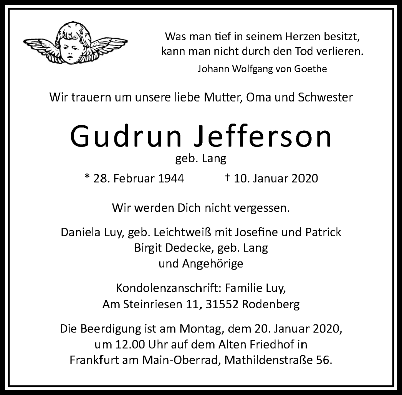  Traueranzeige für Gudrun Jefferson vom 15.01.2020 aus RMZ