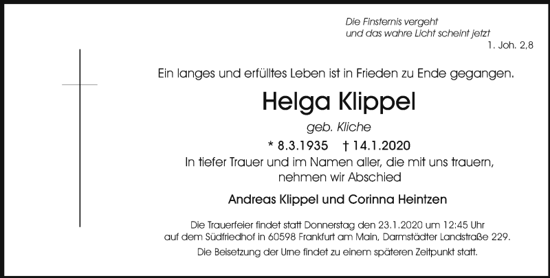  Traueranzeige für Helga Klippel vom 18.01.2020 aus RMZ
