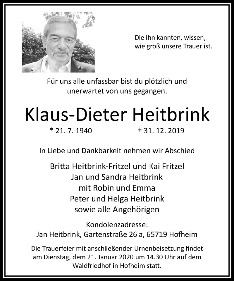  Traueranzeige für Klaus-Dieter Heitbrink vom 11.01.2020 aus RMZ