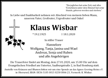 Traueranzeige von Klaus Wisbar von RMZ