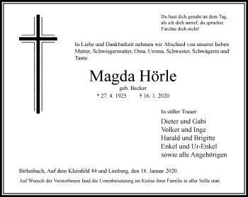 Traueranzeige von Magda Hörle von RMZ