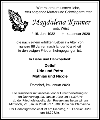 Traueranzeige von Magdalena Kramer von RMZ