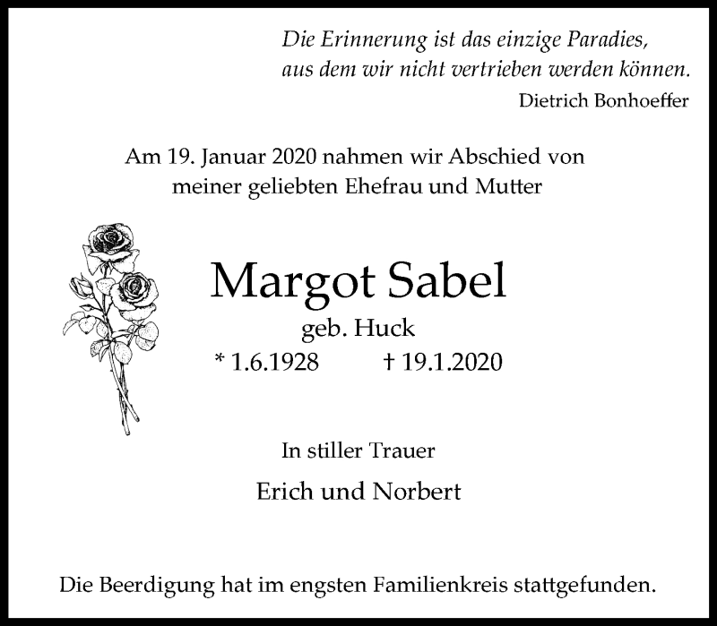  Traueranzeige für Margot Sabel vom 29.01.2020 aus RMZ