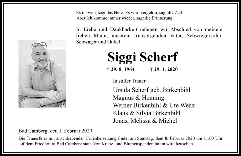  Traueranzeige für Siggi Scherf vom 01.02.2020 aus RMZ