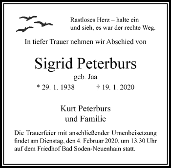 Traueranzeige von Sigrid Petersburs von RMZ