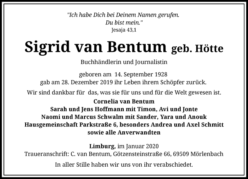  Traueranzeige für Sigrid  van Bentum vom 08.01.2020 aus RMZ