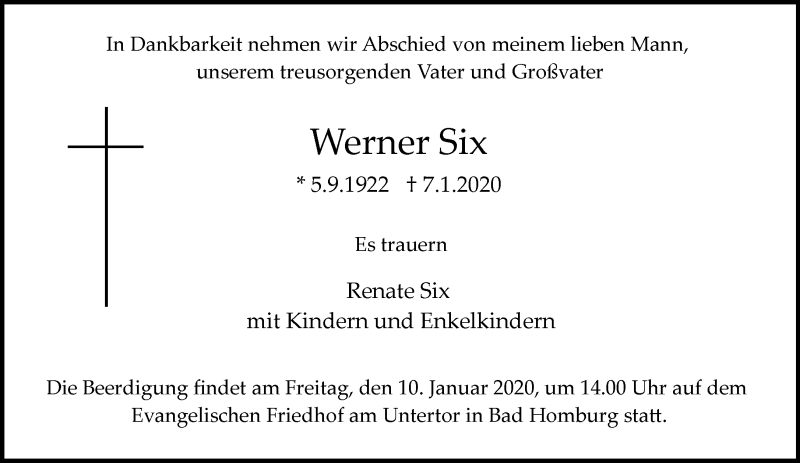  Traueranzeige für Werner Six vom 09.01.2020 aus RMZ