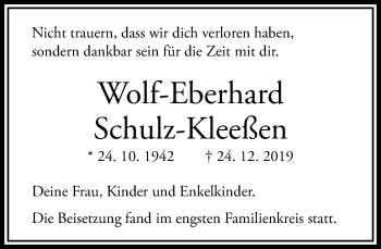 Traueranzeige von Wolf-Eberhard Schulz-Kleßen von RMZ