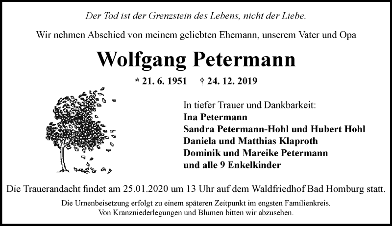  Traueranzeige für Wolfgang Petermann vom 18.01.2020 aus RMZ