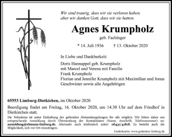 Traueranzeige von Agnes Krumpholz von FNP