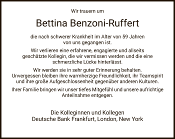 Traueranzeige von Bettina Benzoni-Ruffert von FNP