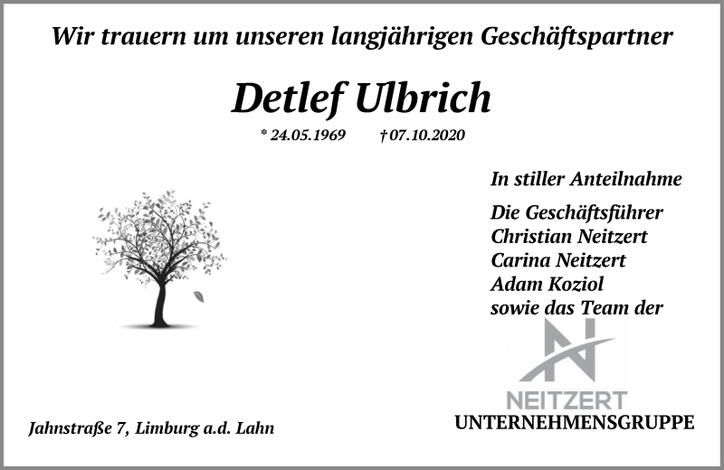  Traueranzeige für Detlef Ulbrich vom 10.10.2020 aus FNP