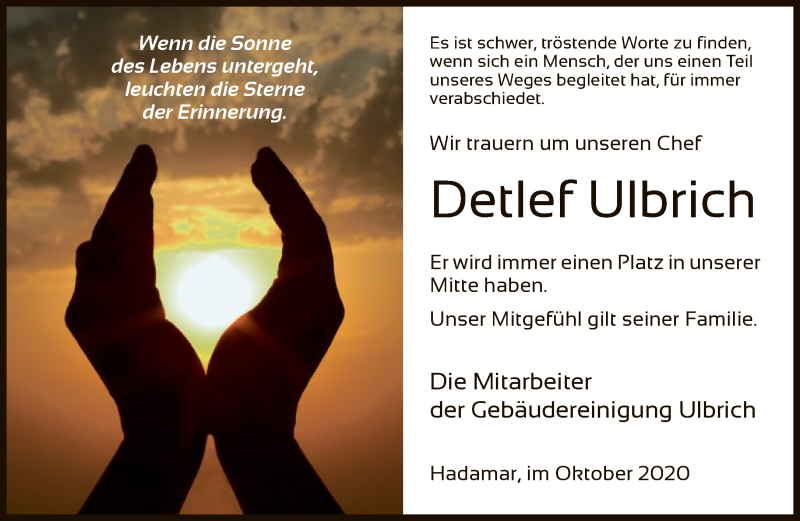  Traueranzeige für Detlef Ulbrich vom 13.10.2020 aus FNP