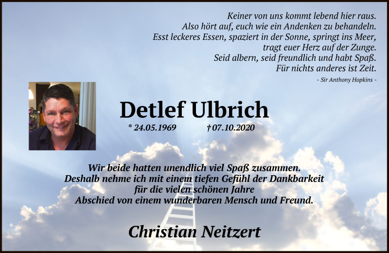  Traueranzeige für Detlef Ulbrich vom 10.10.2020 aus FNP