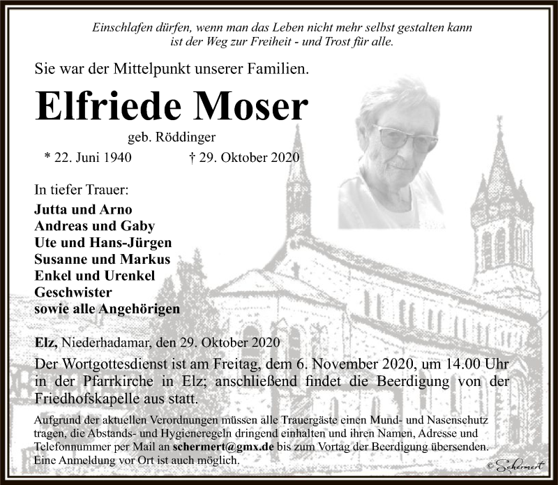  Traueranzeige für Elfriede Moser vom 31.10.2020 aus FNP