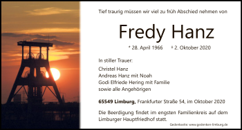 Traueranzeige von Fredy Hanz von FNP