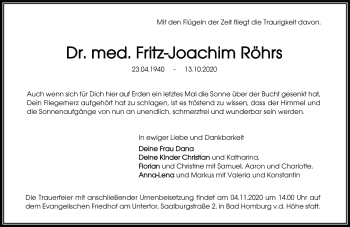 Traueranzeige von Fritz-Joachim Röhrs von FNP