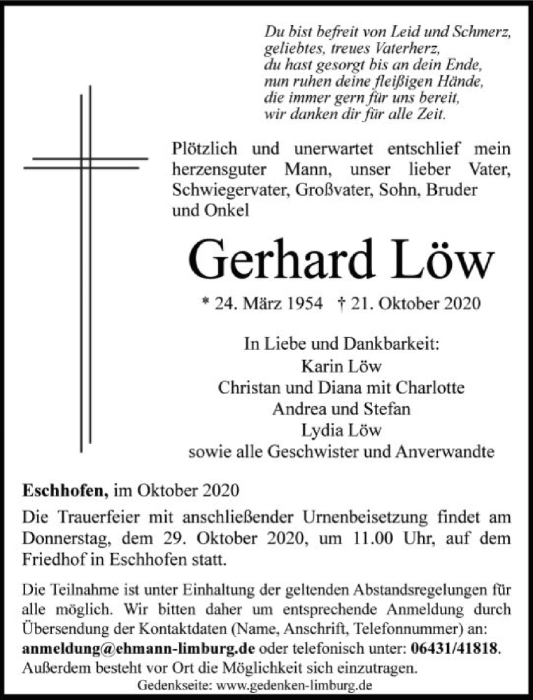  Traueranzeige für Gerhard Löw vom 24.10.2020 aus FNP
