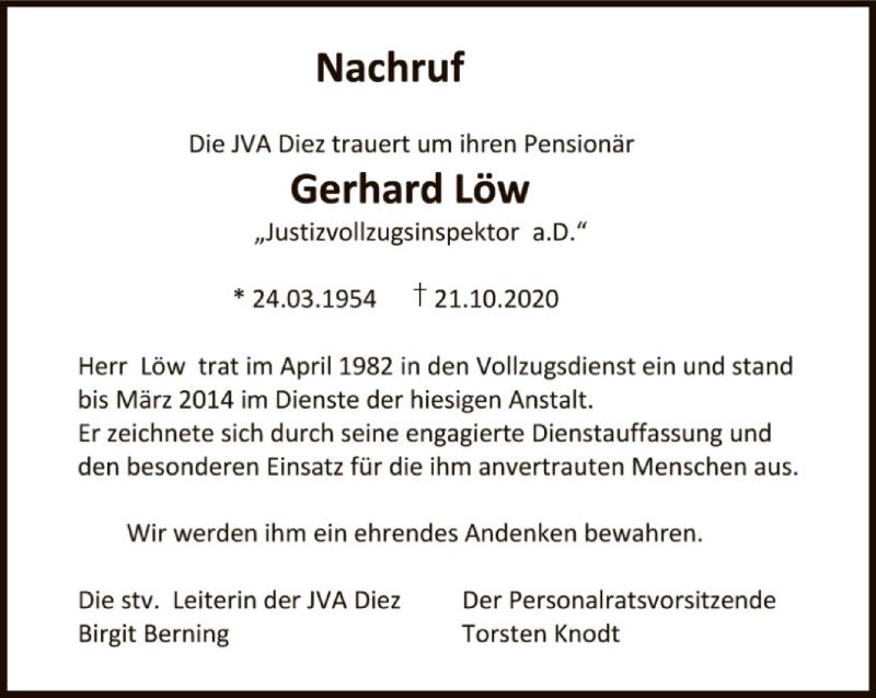  Traueranzeige für Gerhard Löw vom 27.10.2020 aus FNP