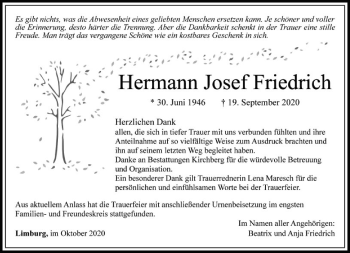 Traueranzeige von Hermann Josef Friedrich von FNP