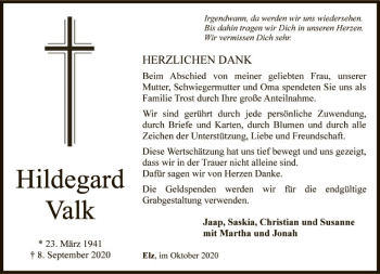 Traueranzeige von Hildegard Valk von FNP