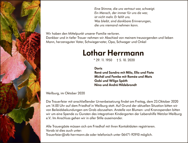  Traueranzeige für Lothar Herrmann vom 14.10.2020 aus FNP