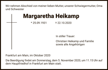 Traueranzeige von Margaretha Heikamp von FNP