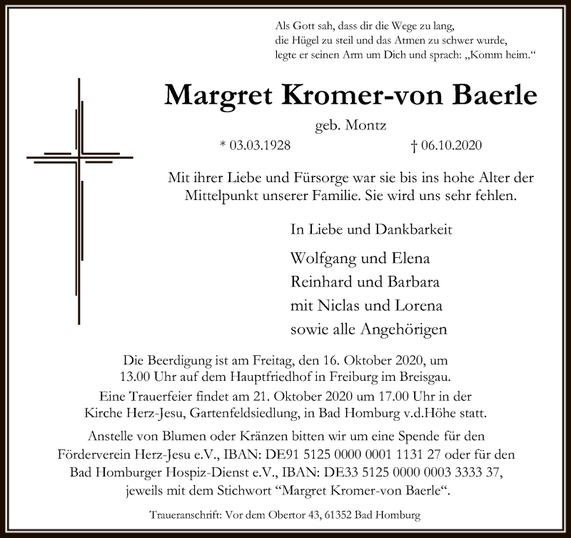  Traueranzeige für Margret Kromer-von Baerle vom 10.10.2020 aus FNP