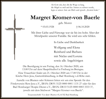 Traueranzeige von Margret Kromer-von Baerle von FNP