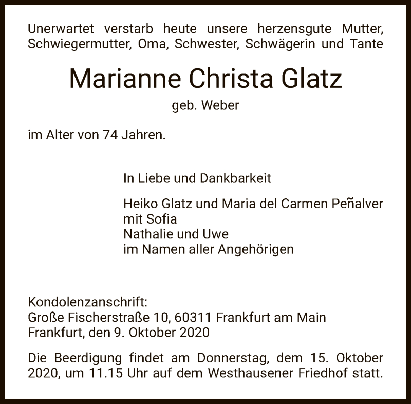 Traueranzeigen Von Marianne Christa Glatz Trauer Rheinmainde 