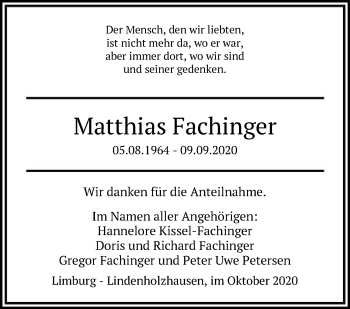 Traueranzeige von Matthias Fachinger von FNP