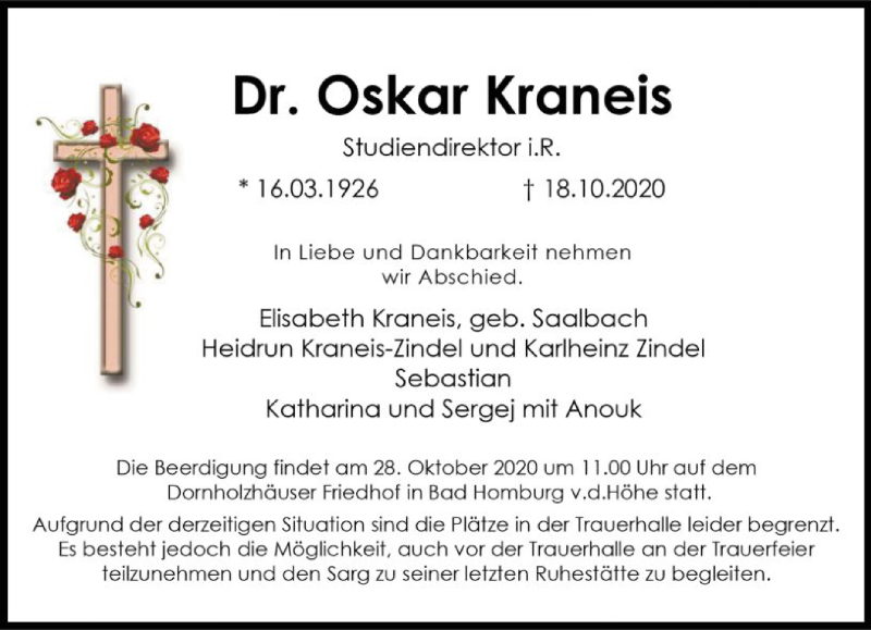  Traueranzeige für Oskar Kraneis vom 24.10.2020 aus FNP